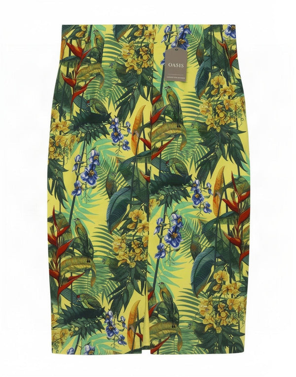 Fusta creion pentru femei Oasis UK 14 Medium W30 Verde Floral Bumbac Tropical