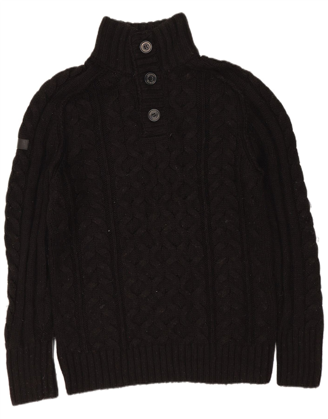 Pulover Superdry pentru bărbați cu gât cu nasturi, mare, negru, acrilic