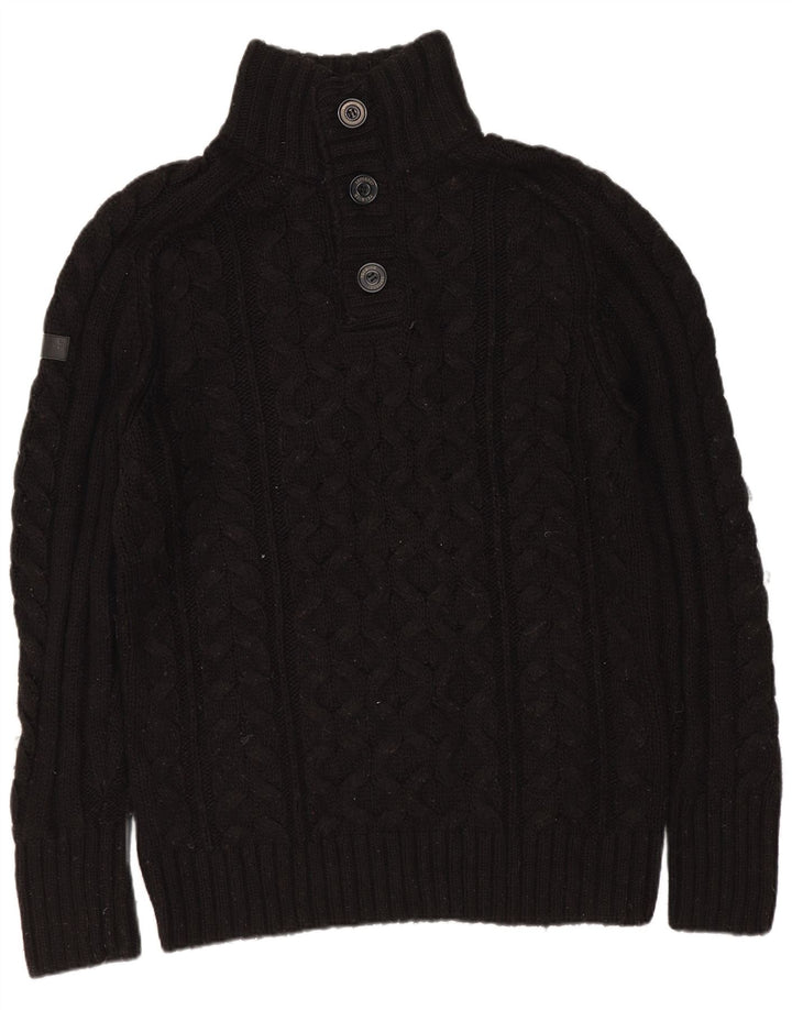 Pulover Superdry pentru bărbați cu gât cu nasturi, mare, negru, acrilic