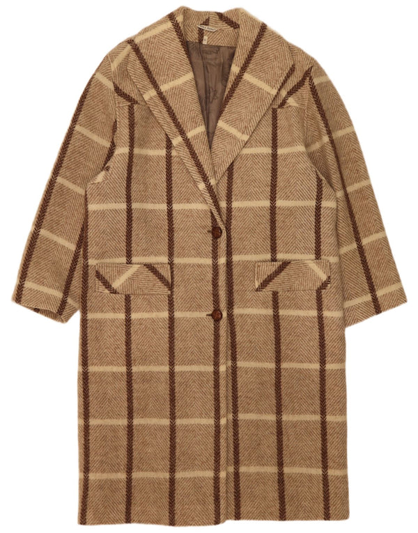 Vintage Womens Oversized Overcoat UK 14 Medium Beige Check Wool