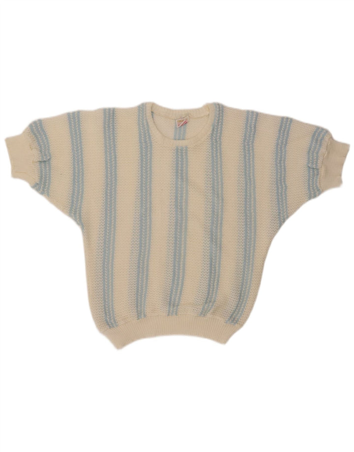 Pulover VINTAGE pentru femei cu decolteu cu barca UK 12 Medium în dungi alb-cadru