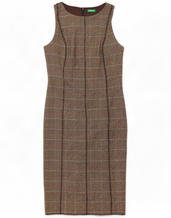 Benetton Womens Sleeveless Sheath Dress UK 8 Small Brown Chevron