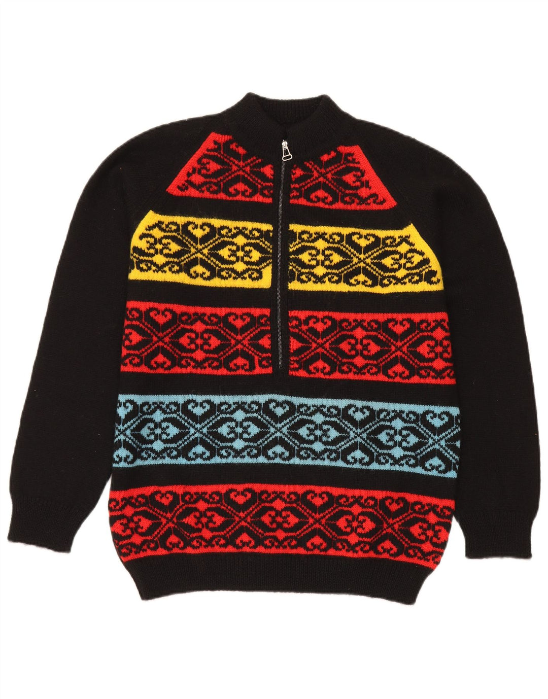 Pulover Vintage pentru bărbați, cu fermoar, cu gât, mediu, negru, Fair Isle