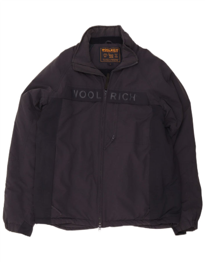 Jachetă Windbreaker Woolrich pentru bărbați cu grafică UK 40 mare, nailon bleumarin