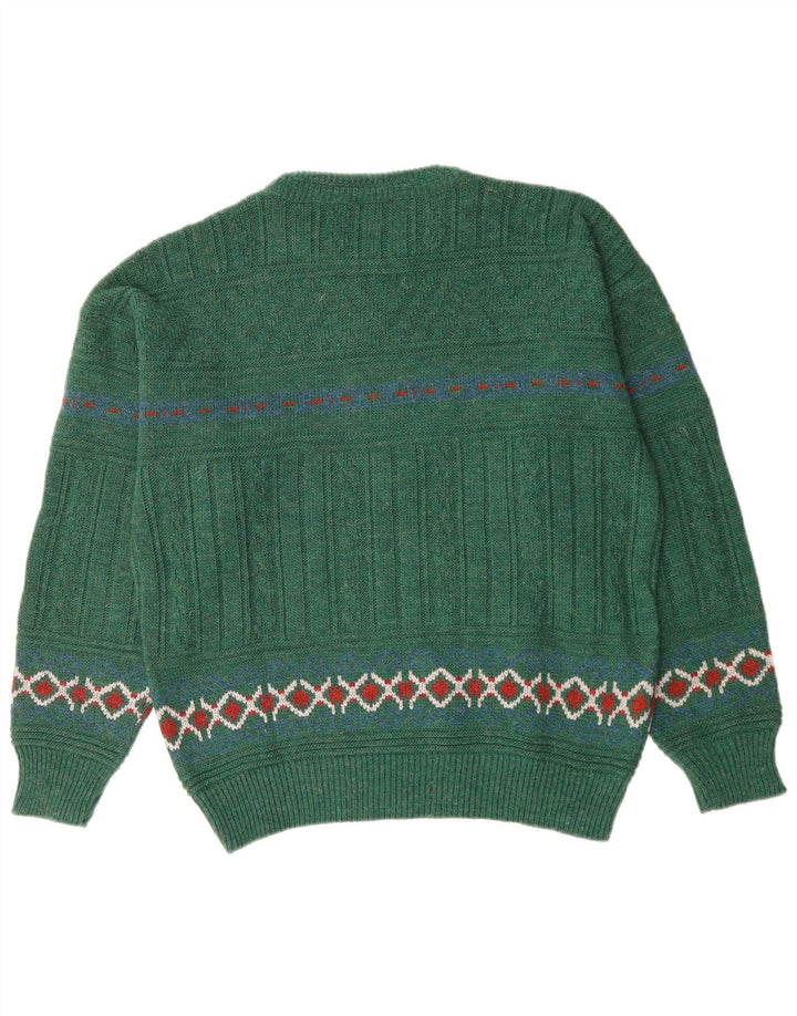 Pulover vintage pentru bărbați cu decolteu rotund, lână Fair Isle, verde mediu