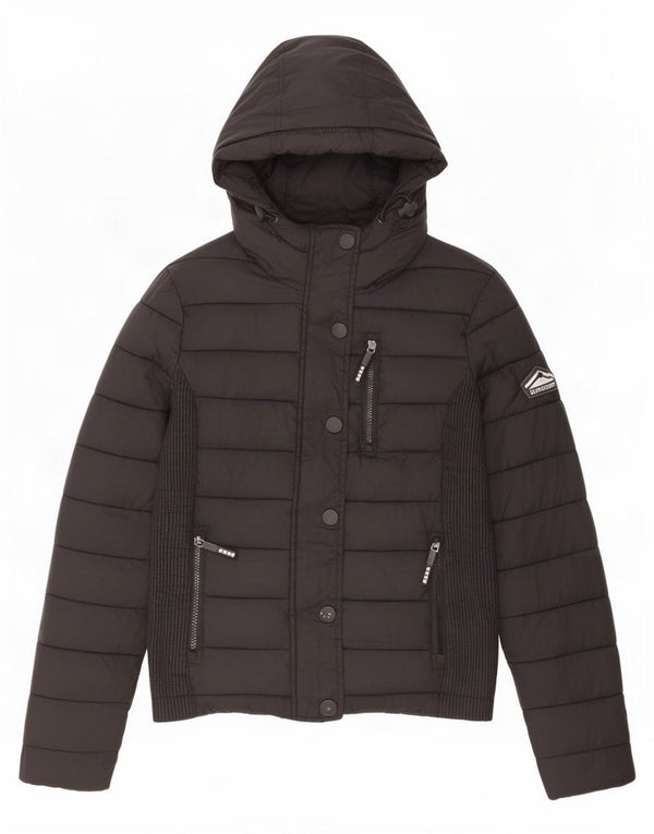 Jachetă căptușită cu glugă Superdry pentru femei UK 10 Small Black Nylon