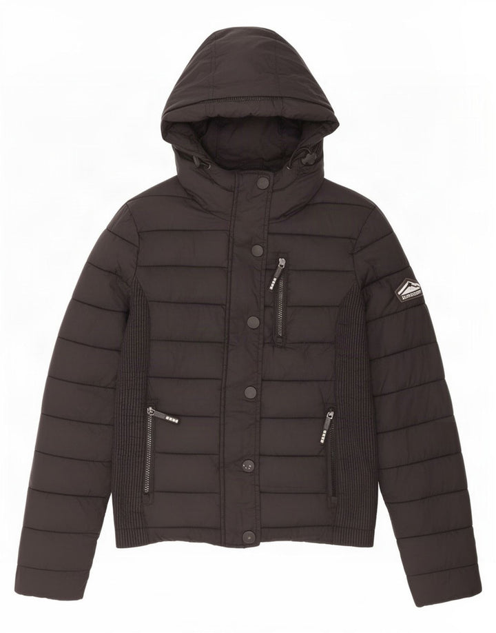 Jachetă căptușită cu glugă Superdry pentru femei UK 10 Small Black Nylon