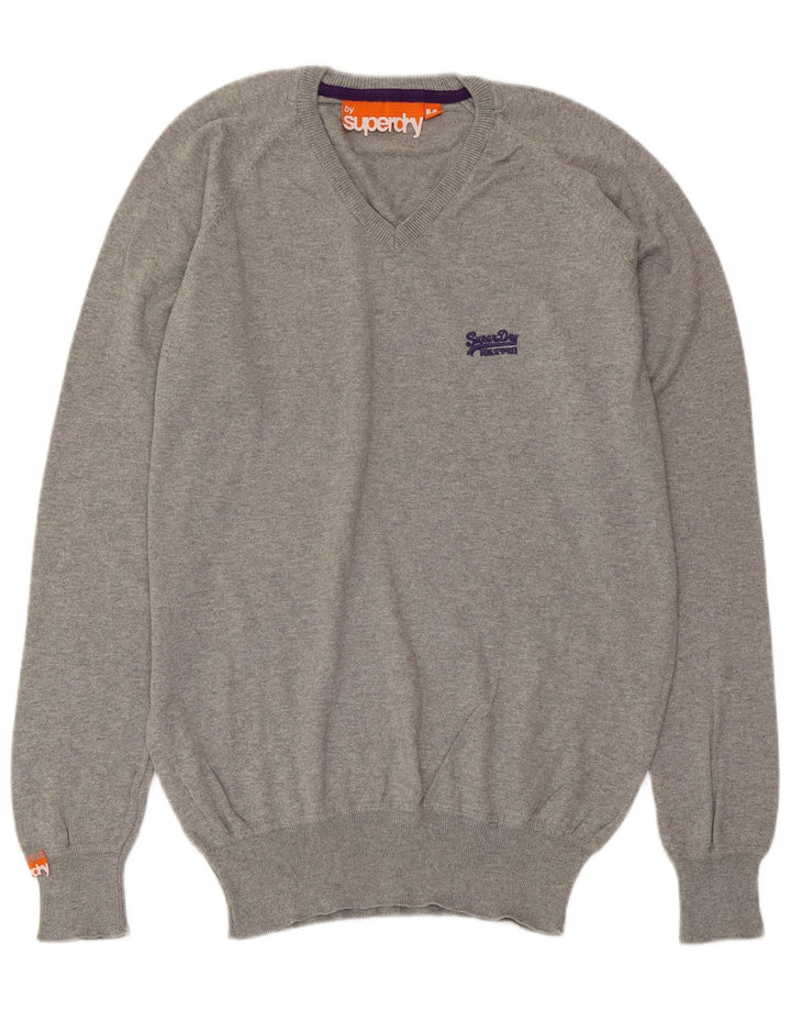 Pulover pentru bărbați SUPERDRY cu decolteu în V, bumbac gri mediu