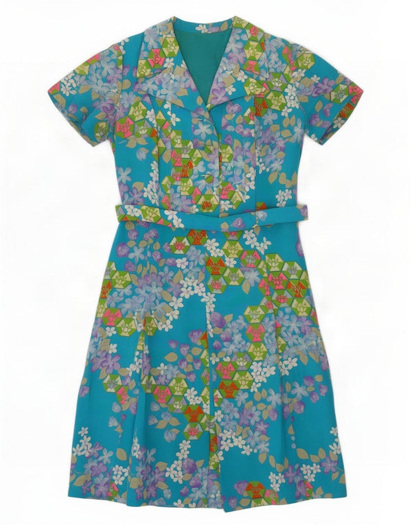 Rochie cămașă vintage pentru femei cu mâneci scurte UK 18, mare, albastră, florală