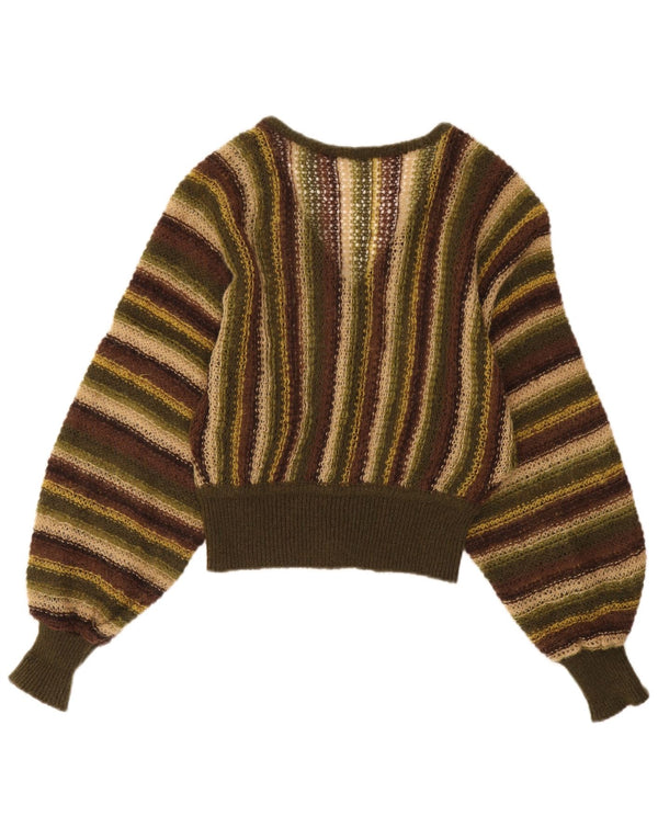 Pulover vintage pentru femei cu decolteu în V, pulover UK 14 mare kaki cu dungi