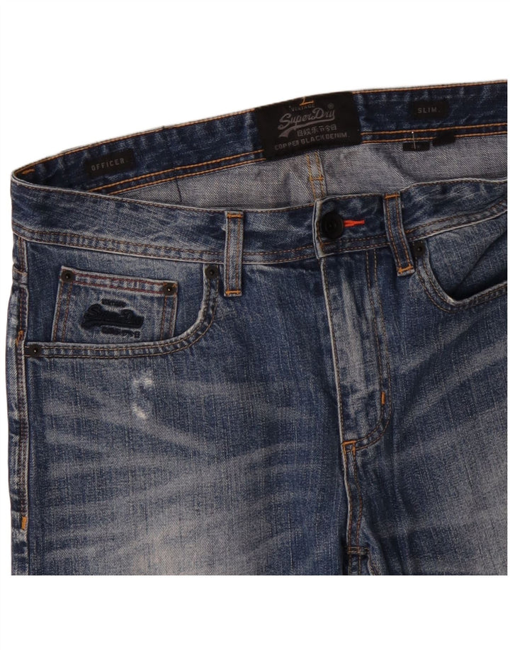 SUPERDRY Pantaloni scurți din denim subțire, ofițer, pentru bărbați, W32, bumbac albastru mediu