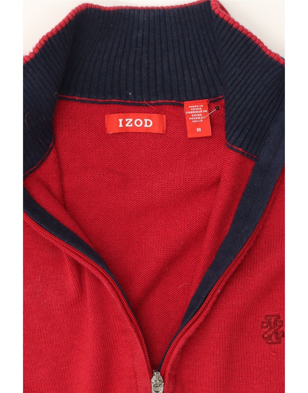 IZOD Mens Zip Neck Jumper Sweater Medium Red Colourblock Cotton Vintage Izod and Second-Hand Izod from Messina Hembry 