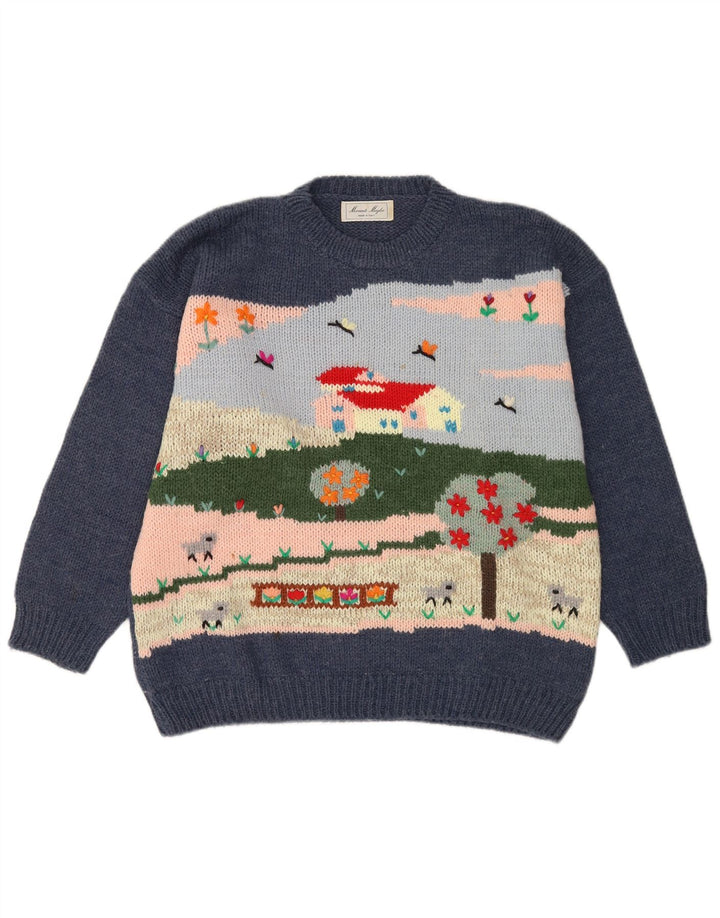 Pulover vintage pentru bărbați, cu grafică, cu gât crew, lână mare, albastru