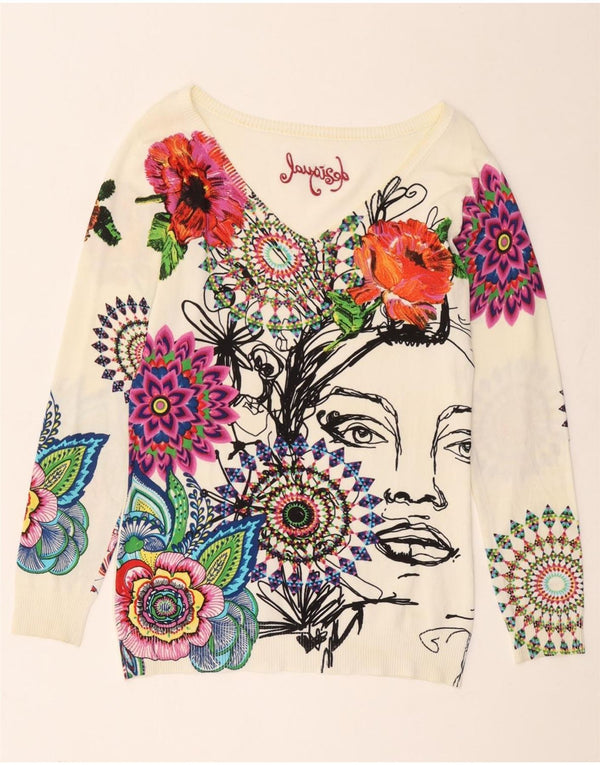Pulover cu decolteu în V Desigual pentru femei UK 14, mare, alb, floral