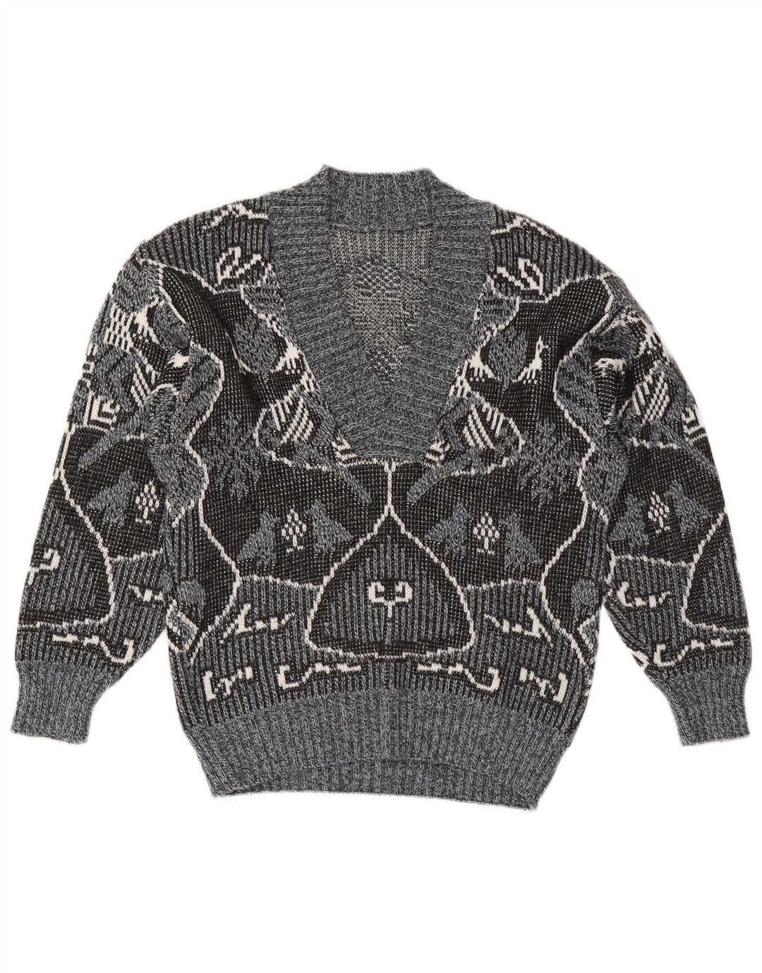 Pulover vintage pentru femei cu decolteu în V IT 48 XL Gri Fair Isle Poliacrilic