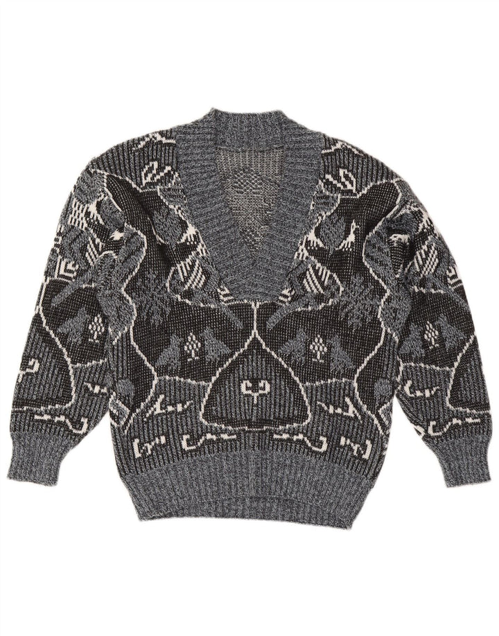 Pulover vintage pentru femei cu decolteu în V IT 48 XL Gri Fair Isle Poliacrilic