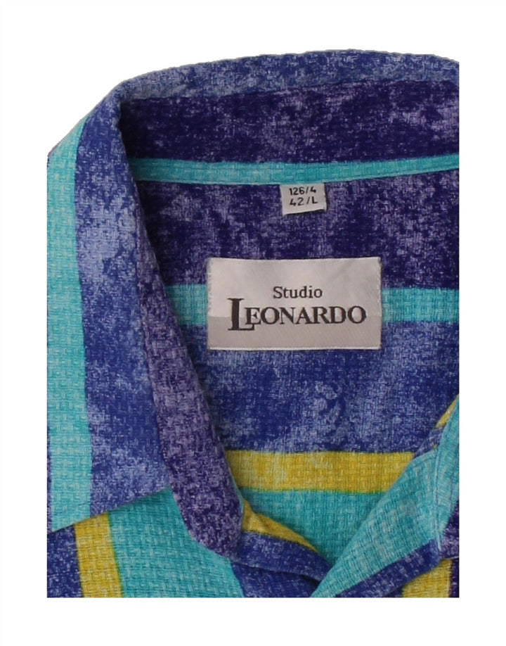 LEONARDO Mens Short Sleeve Shirt Size 42 Large Blue Striped Cotton Vintage Leonardo and Second-Hand Leonardo from Messina Hembry 