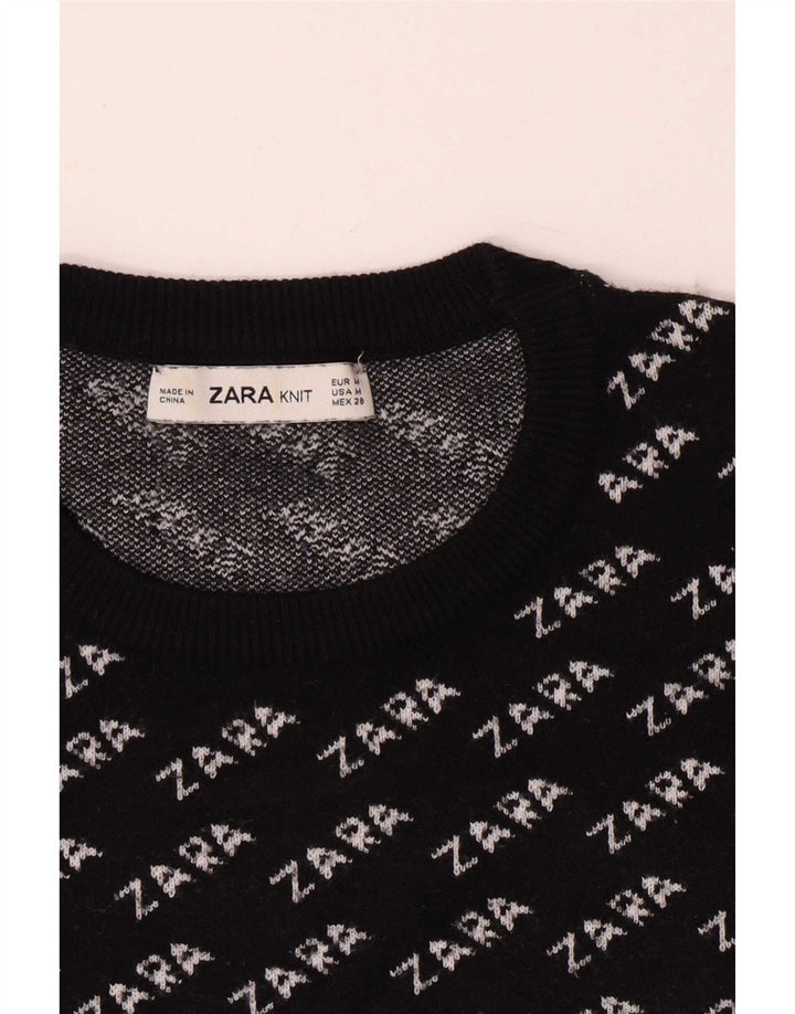 Pulover pentru femei cu decolteu rotund cu grafică Zara UK 14 Medium Negru