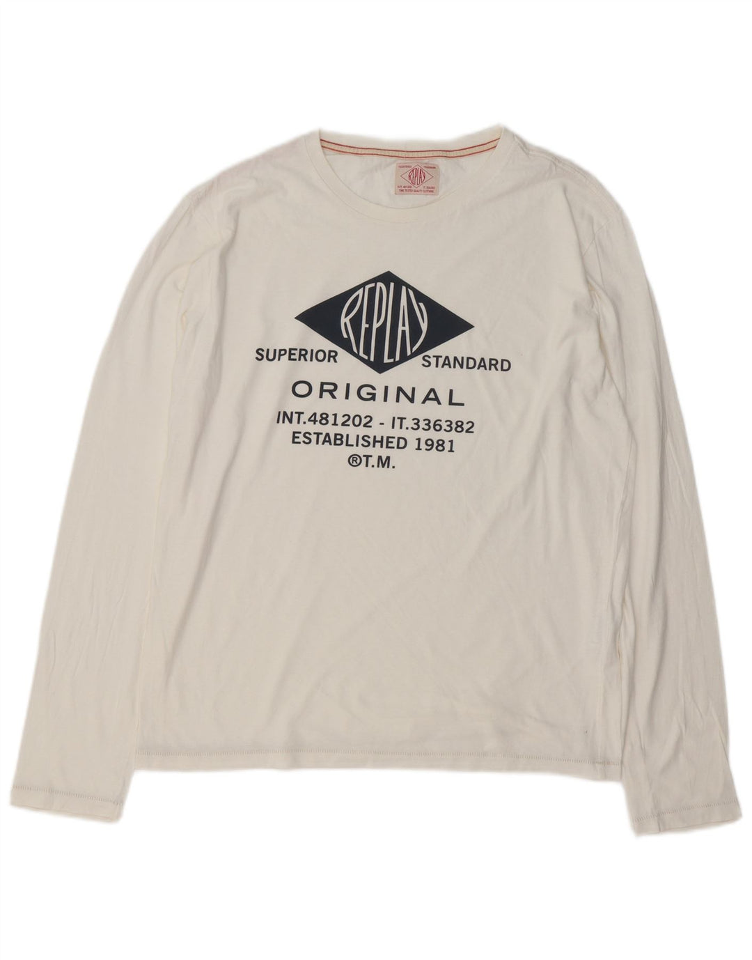 REPLAY Top grafic pentru bărbați cu mânecă lungă, mare, alb, bumbac