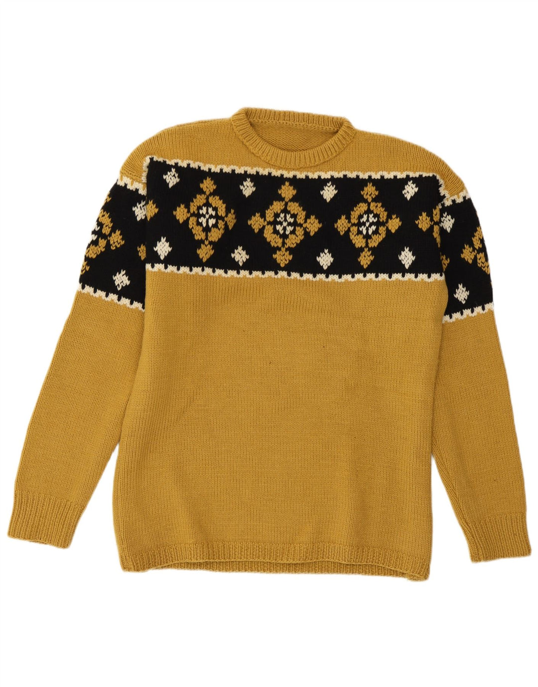 Pulover vintage pentru bărbați cu gâtul turnat, galben mediu, Fair Isle