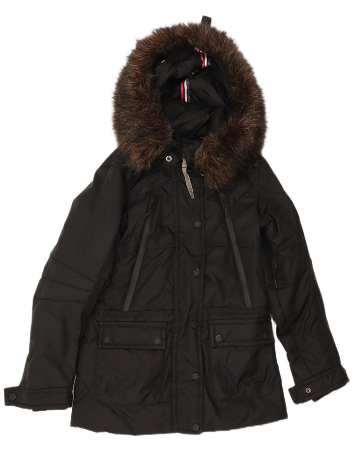 Jachetă căptușită grafică cu glugă Superdry pentru femei UK 10 Small Black Nylon