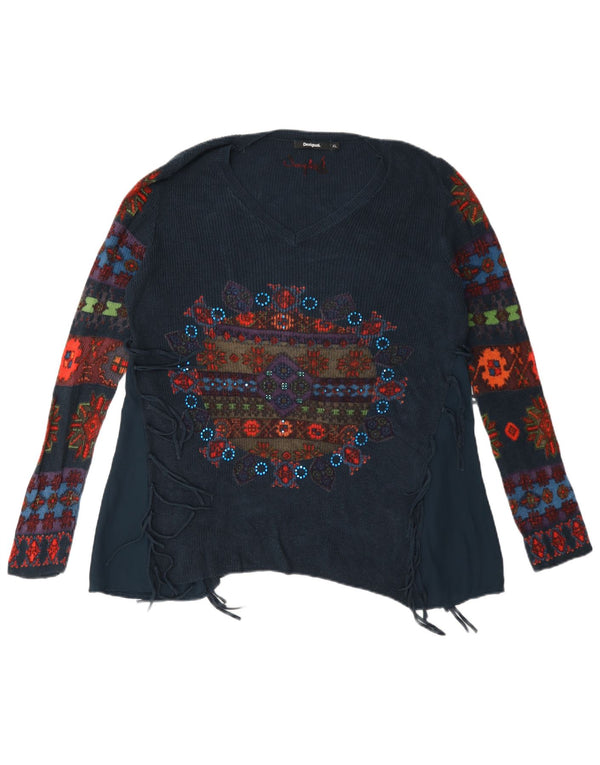 Pulover pentru femei Desigual cu decolteu în V cu grafică UK 18 XL Bleumarin Floral
