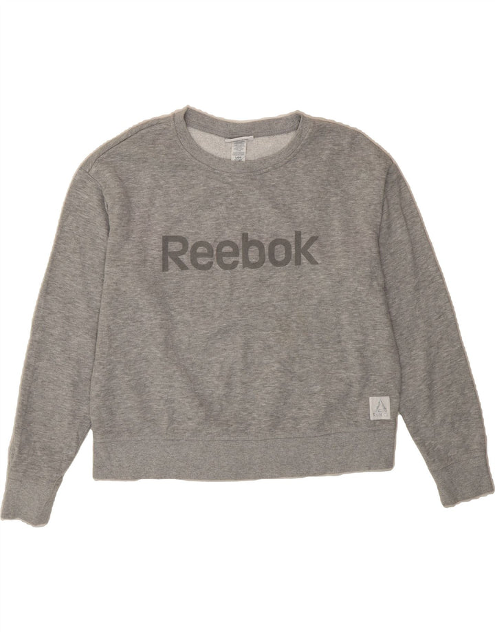 REEBOK Womens Graphic Sweatshirt Jumper UK 16 Large Grey Cotton Vintage Reebok and Second-Hand Reebok from Messina Hembry 