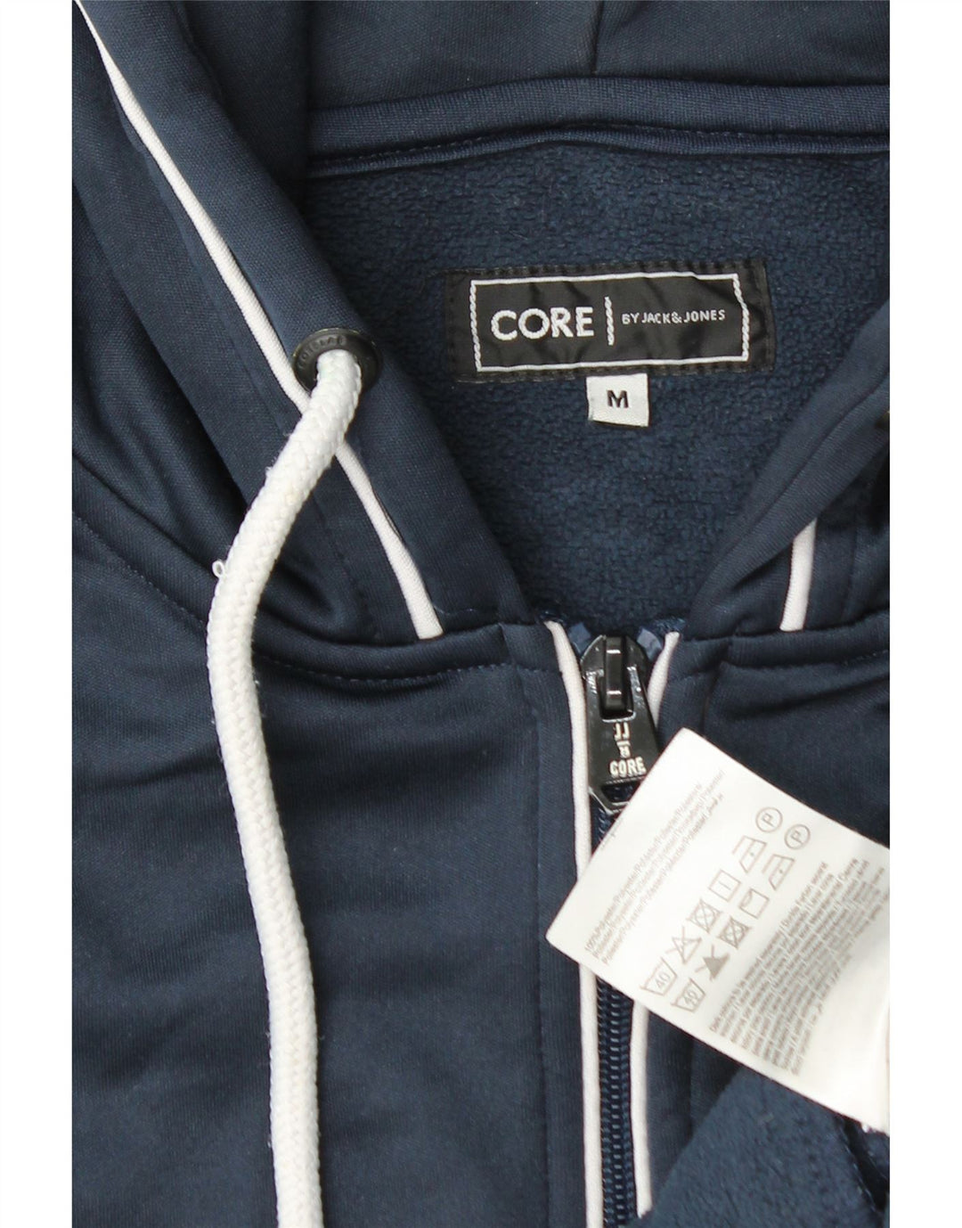 Jack & Jones Pulover cu capotă cu fermoar grafic pentru bărbați, poliester mediu albastru bleumarin