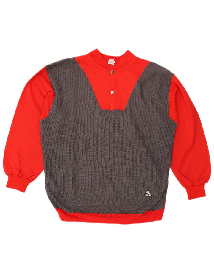VINTAGE Hanorac pentru bărbați cu gât cu nasturi Pulover Medium Roșu Colorblock