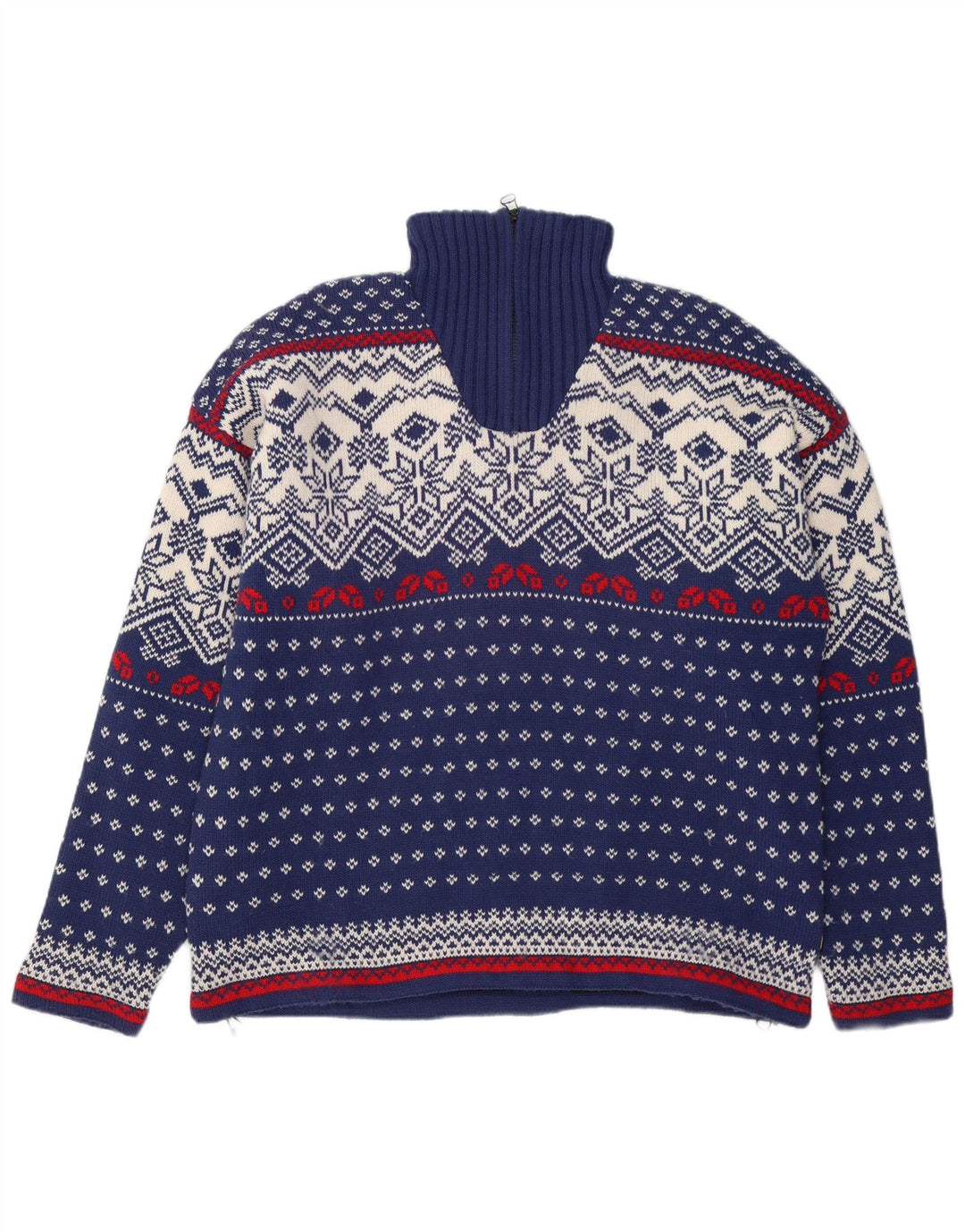Pulover OCK pentru bărbați, cu fermoar și gât, XL, lână Fair Isle, albastru bleumarin