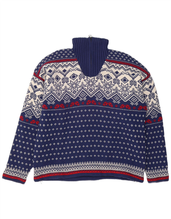Pulover OCK pentru bărbați, cu fermoar și gât, XL, lână Fair Isle, albastru bleumarin