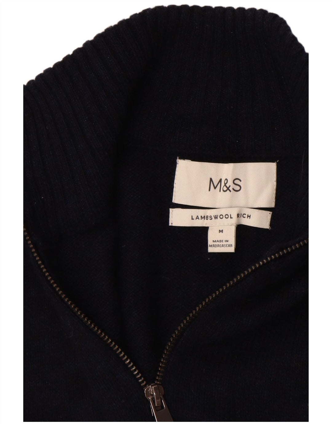 Pulover pentru bărbați Marks & Spencer, cu fermoar, cu gât, lână de miel, albastru, mediu