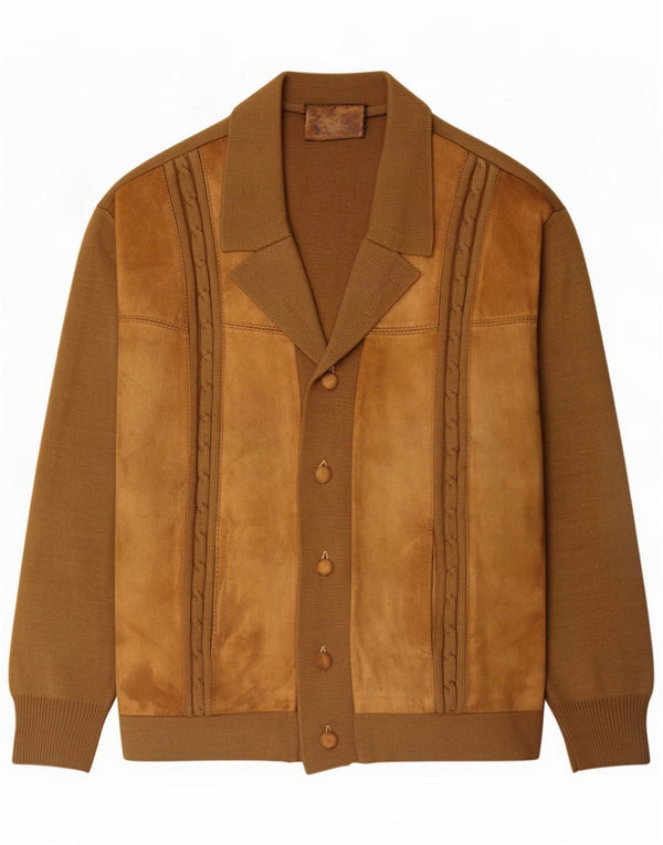 Vintage Pulover Cardigan din piele intoarsa pentru barbati Maro mediu Colorblock