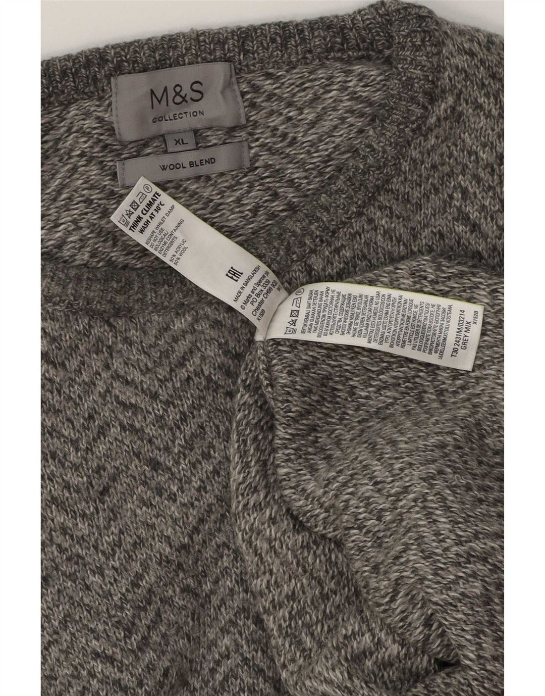 Pulover pentru bărbați Marks & Spencer, cu gât crew, XL, lână gri Herringbone