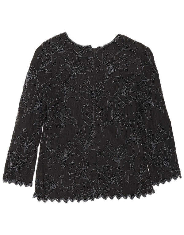 Bluză obișnuită cu mânecă lungă pentru femei Vintage UK 8 Mic, negru, mătase florală
