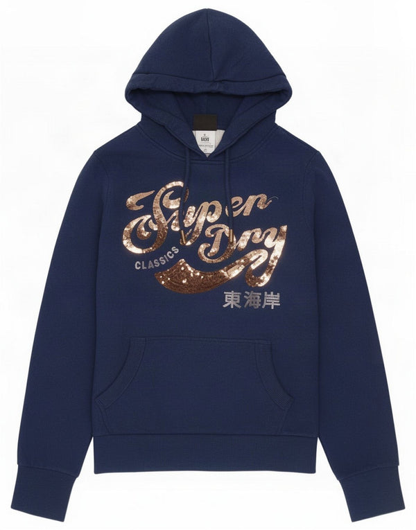 Superdry Pulover cu glugă cu grafică pentru femei UK 10 Small Bleumarin Poliester