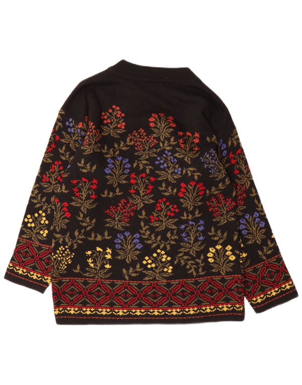 Pulover vintage pentru femei cu paragate cu gât turnuu, UK 16, mare, negru, floral