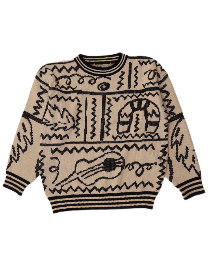 Pulover vintage pentru bărbați, cu model abstract, cu gât roșu, mare, bej
