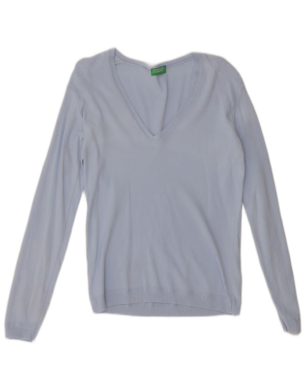 Benetton Womens V-Neck Jumper Sweater UK 12 Medium Blue Cotton