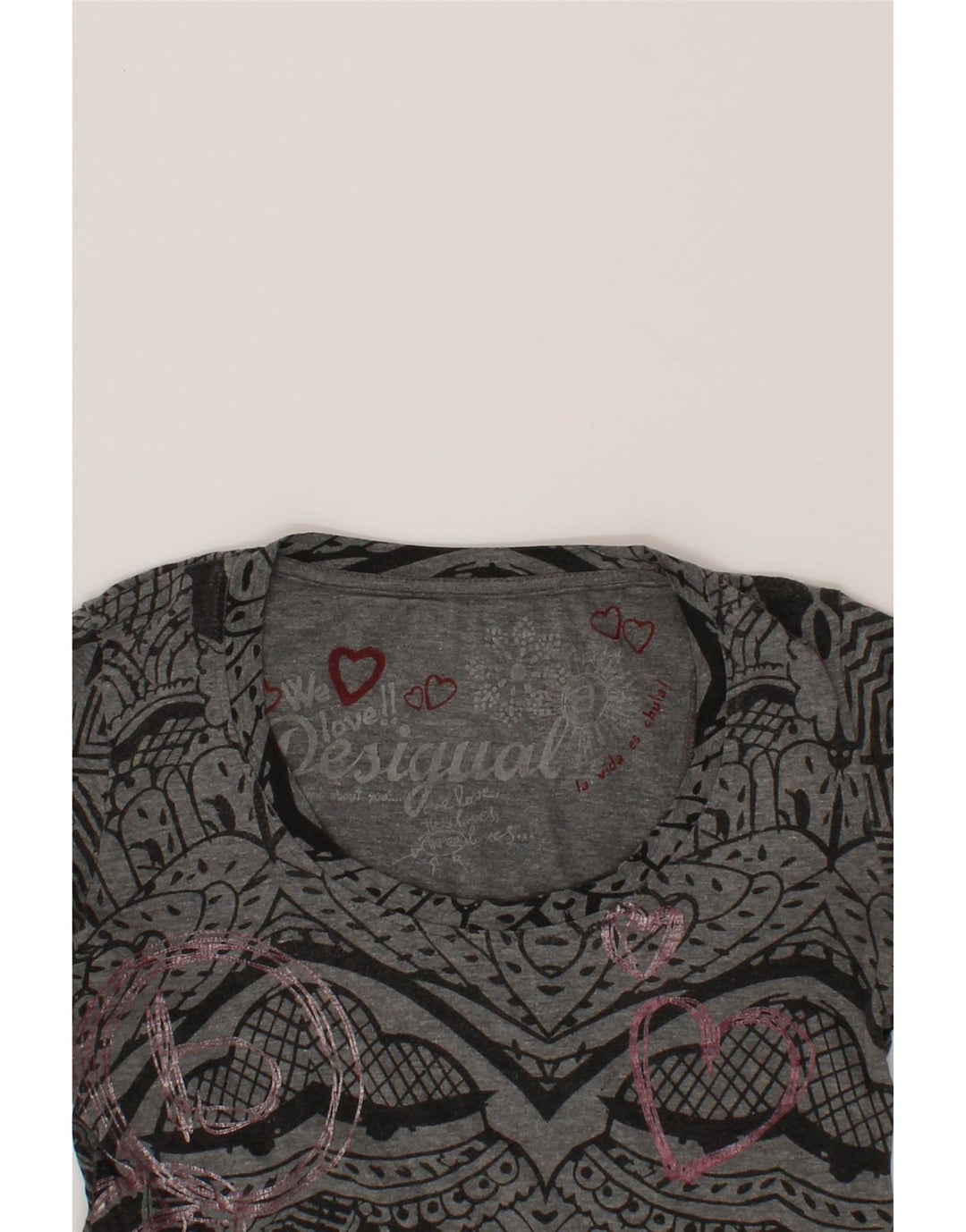 DESIGUAL Womens Abstract Pattern Graphic Top Long Sleeve UK 10 Small Grey Vintage Desigual and Second-Hand Desigual from Messina Hembry 