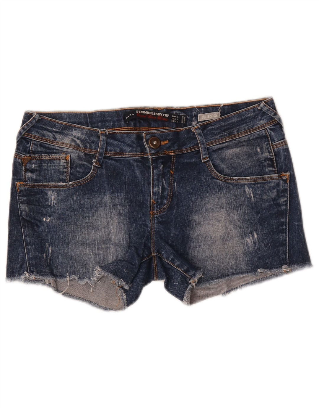 Pantaloni scurți din denim învechit pentru femei Zara EU 38 Mici W28 Albastru