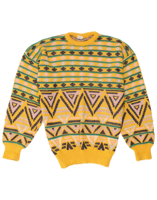 Pulover vintage pentru bărbați, cu gât roșu, din bumbac geometric, galben mediu