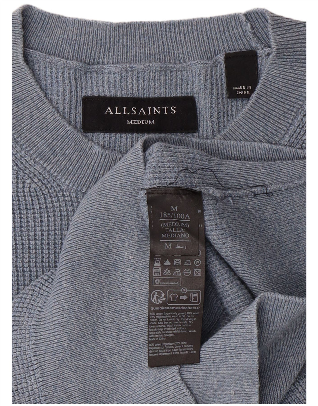 ALL SAINTS Pulover pentru bărbați cu gât crew, bumbac albastru mediu
