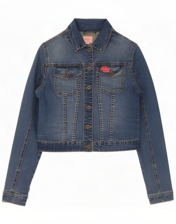 Superdry Womens Crop Denim Jacket UK 12 Medium Blue Bumbac