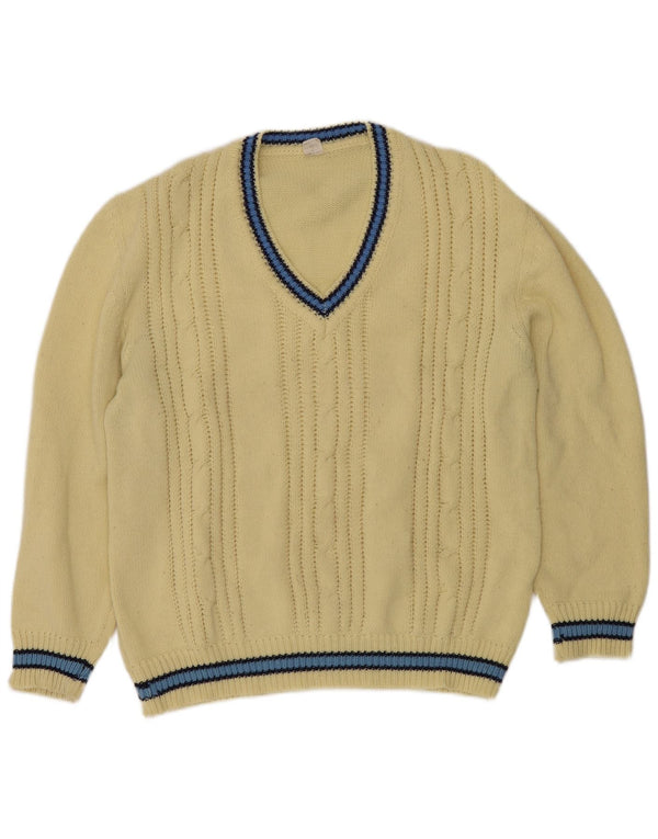 Pulover vintage pentru bărbați cu decolteu în V, mare, acrilic cu dungi galbene