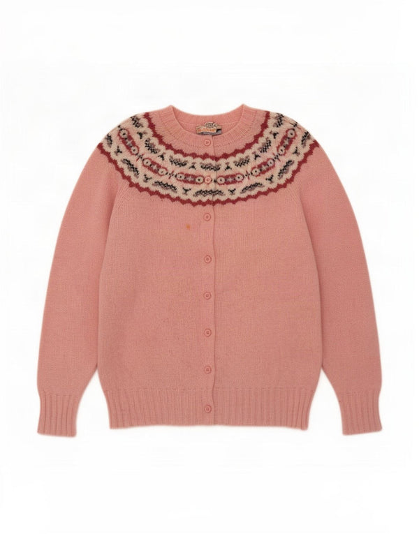 Pulover cardigan Braemar pentru femei UK 16, lână Fair Isle, roz mare