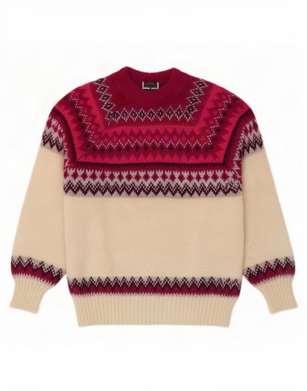 Pulover vintage pentru femei cu decolteu triplu UK 12 Medium Off White Fair Isle