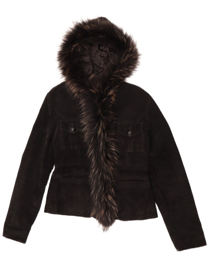 Jacheta de piele intoarsa cu gluga vintage pentru femei UK 14, mare, neagra