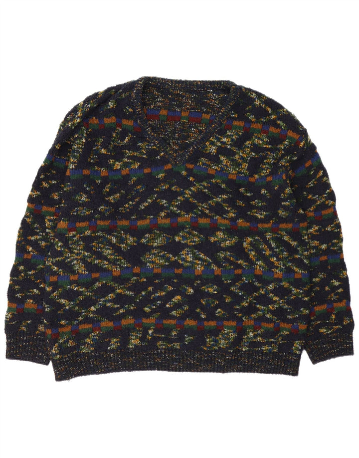 Pulover vintage pentru bărbați cu decolteu în V XL din lână geometrică multicoloră