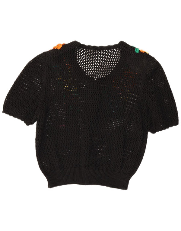 Cardigan vintage cu mânecă scurtă pentru femei UK 14 Medium Black Floral